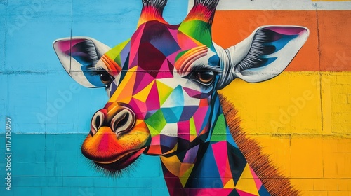 A colorful mural on a brick wall depicts a vibrant, geometric giraffe. photo