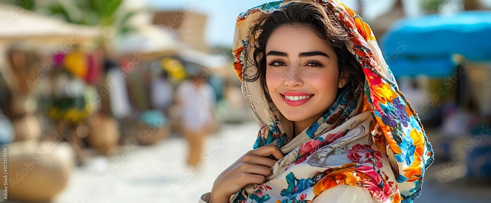 Fototapeta premium Smiling woman in colorful headscarf at market.