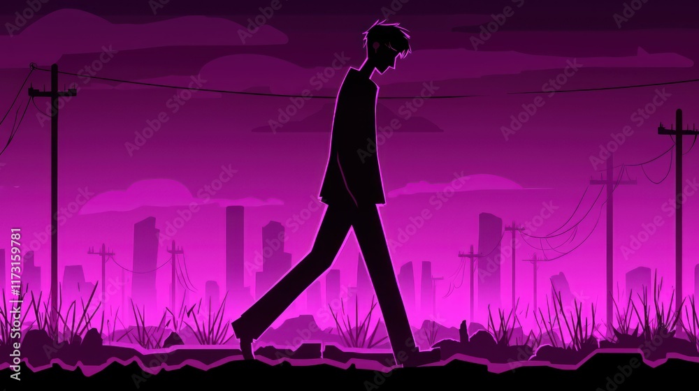 Solitary Stroll in a Purple Cityscape Solitary Stroll in a Purple Cityscape