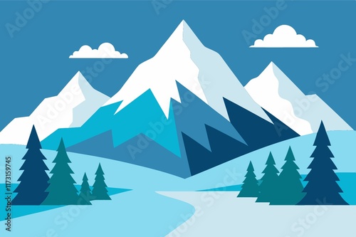 Snowy Mountain Peak Landscape, Winter Scene Illustration