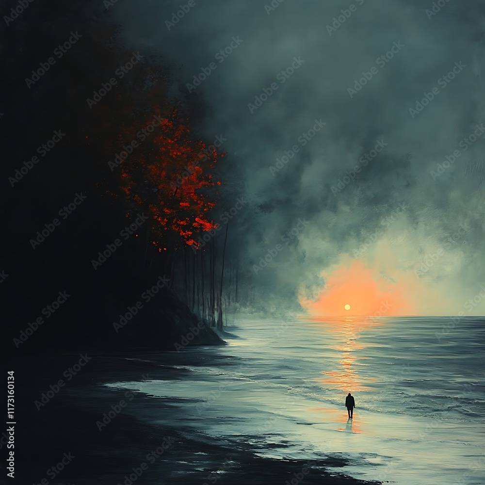 Fototapeta premium Serene Twilight Landscape with Misty Horizon and a Solitary Figure in Reflection by the Shore, Capturing Transient Beauty of Nature's Silent Moments