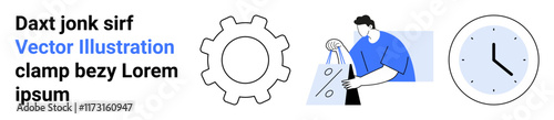 Gear symbol, person drawing on board, and clock icon. Ideal for productivity, efficiency, project planning, workshop, business training collaboration innovation. Landing page