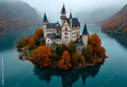 Idyllic old town and lake of Trakoscan in Zagorje region aerial view in autumn colors and sun haze, northern Croatia
 photo