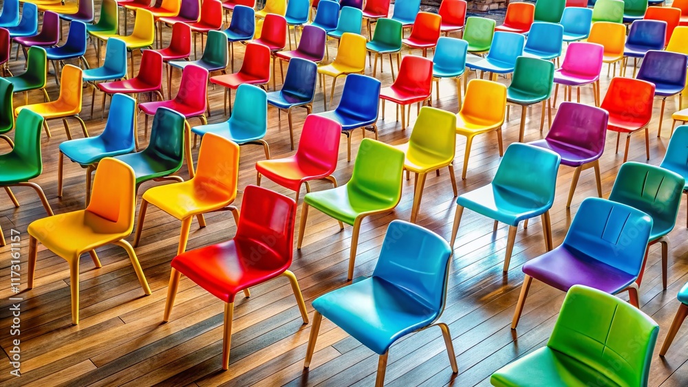 Obraz premium Colorful Chairs in Rows: Vibrant Seating Arrangement for Events & Design Inspiration