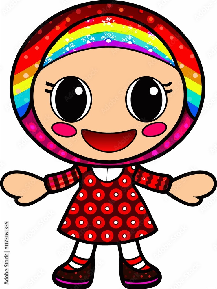 Cheerful Cartoon Girl in Red Dress with Rainbow Headscarf Cheerful Cartoon Girl in Red Dress with Rainbow Headscarf