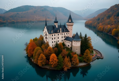 Idyllic old town and lake of Trakoscan in Zagorje region aerial view in autumn colors and sun haze, northern Croatia
 photo