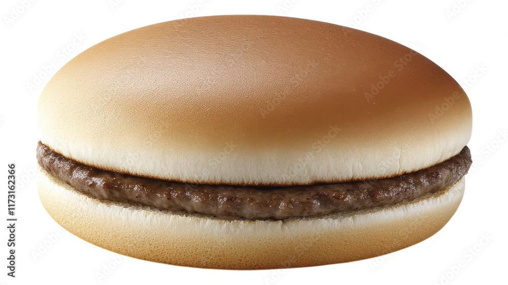 A perfectly cooked hamburger patty nestled between two fresh buns on a clear background.