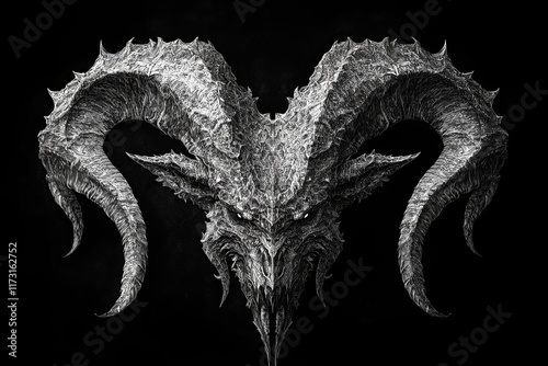 Monochrome illustration of a demonic ram skull with large horns, detailed textures, and dark background.