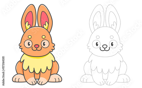 Trace and color coloring book with ginger rabbit for kids. Coloring page with cartoon bunny. Vector illustration.