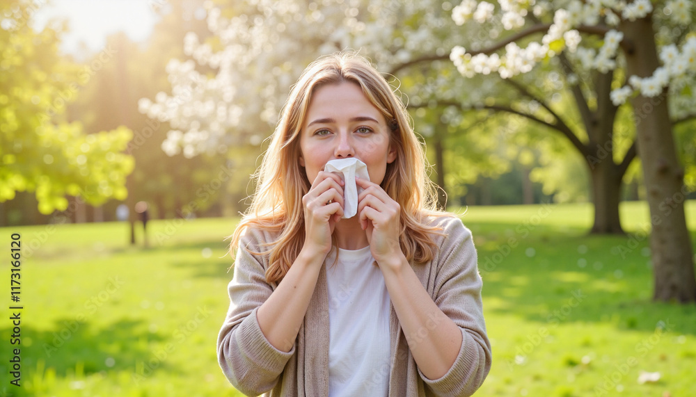 Woman sneezing with tissue in spring park, seasonal allergies Woman sneezing with tissue in spring park, seasonal allergies