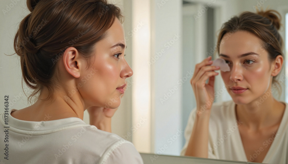 Woman soothing her swollen eyes in mirror, reflecting self-care Woman soothing her swollen eyes in mirror, reflecting self-care