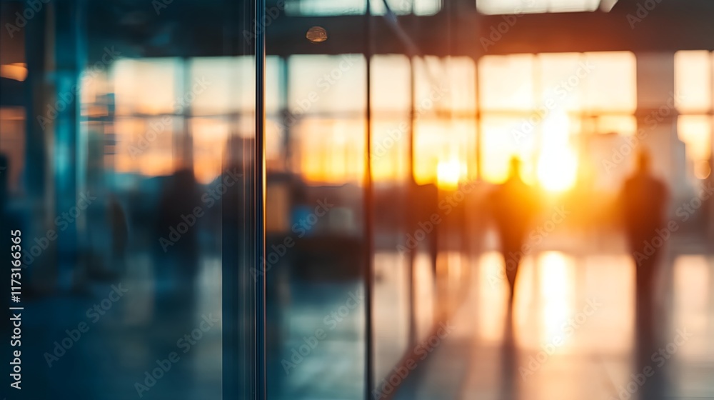 Fototapeta premium a blurry photo of people walking in a building at sunset