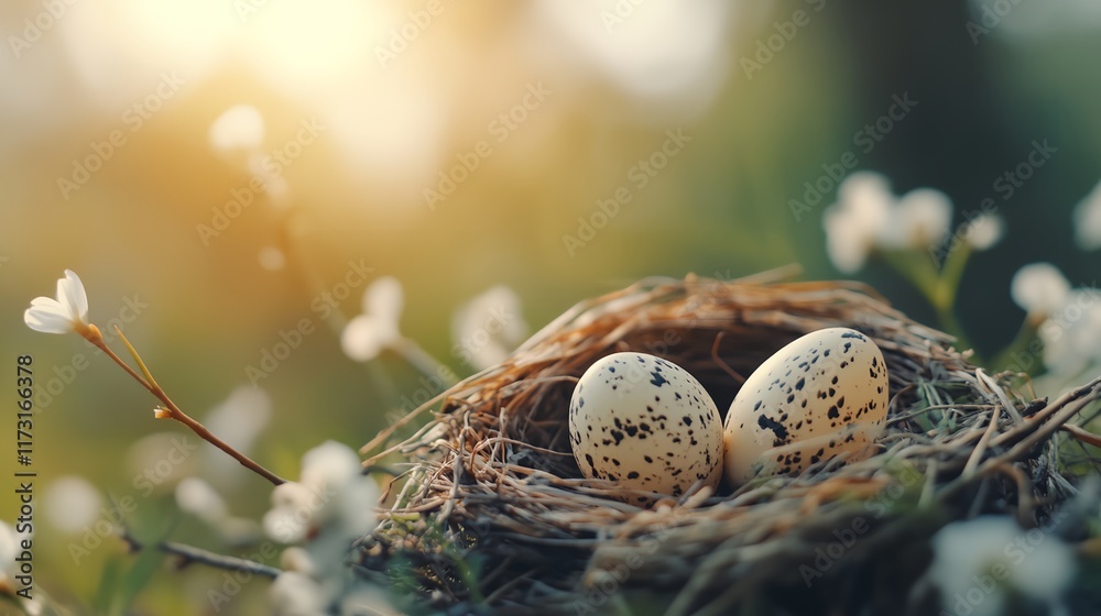 two eggs in a nest with white flowers in the background two eggs in a nest with white flowers in the background