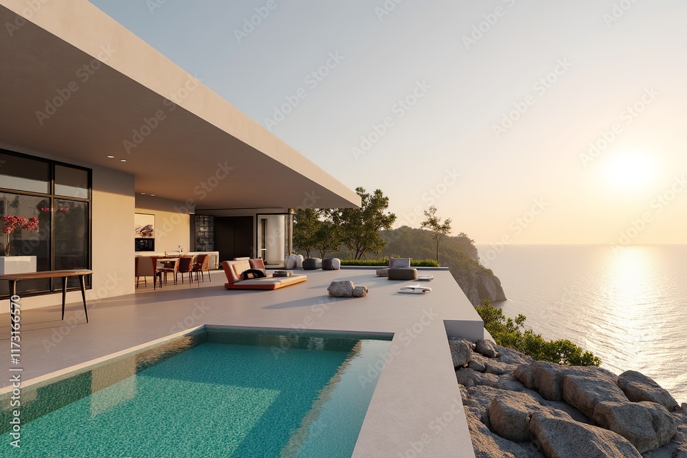 Fototapeta premium Cliffside Luxury: A breathtaking view of a modern villa perched atop a cliff with an infinity pool overlooking the endless blue ocean, bathed in the golden glow of the setting sun.