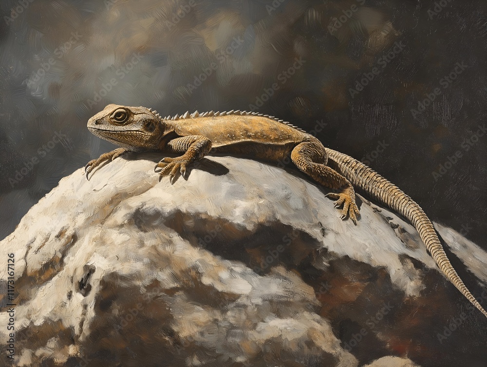 Fototapeta premium a brown lizard rests on a light stone, with a soft light creating a calm and natural wildlife scene.
