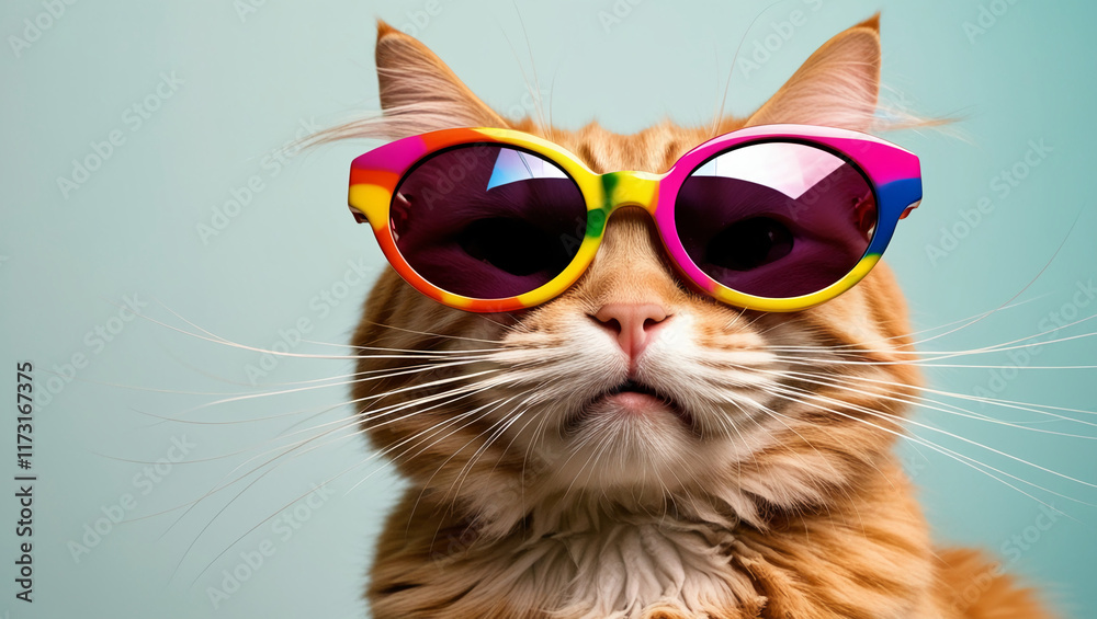 close-up portrait of a whimsical ginger cat with a cheerful and mischievous expression, wearing trendy sunglasses close-up portrait of a whimsical ginger cat with a cheerful and mischievous expression, wearing trendy sunglasses