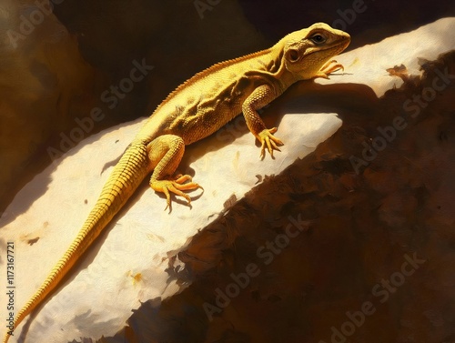 a brown lizard rests on a stone, bright light creates a warm and dynamic outdoor scene of nature. photo