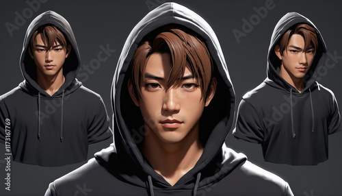 Detailed 3D rendering of a young man in a hoodie with various angles displayed in a dark environment