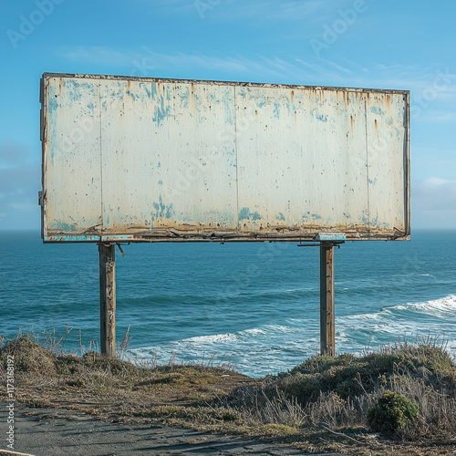 Blank rusty billboard overlooking ocean waves on coastal cliff photo