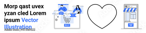 Man using a laptop to shop online, heart symbol, and retail store illustration representing the love for online and offline shopping. Ideal for e-commerce, digital marketing, retail business, online