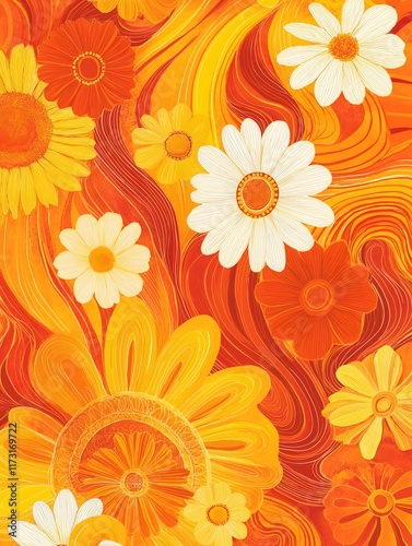 A retro 1970s floral pattern with bold daisies, sunflowers, and psychedelic swirls in warm oranges and yellows
