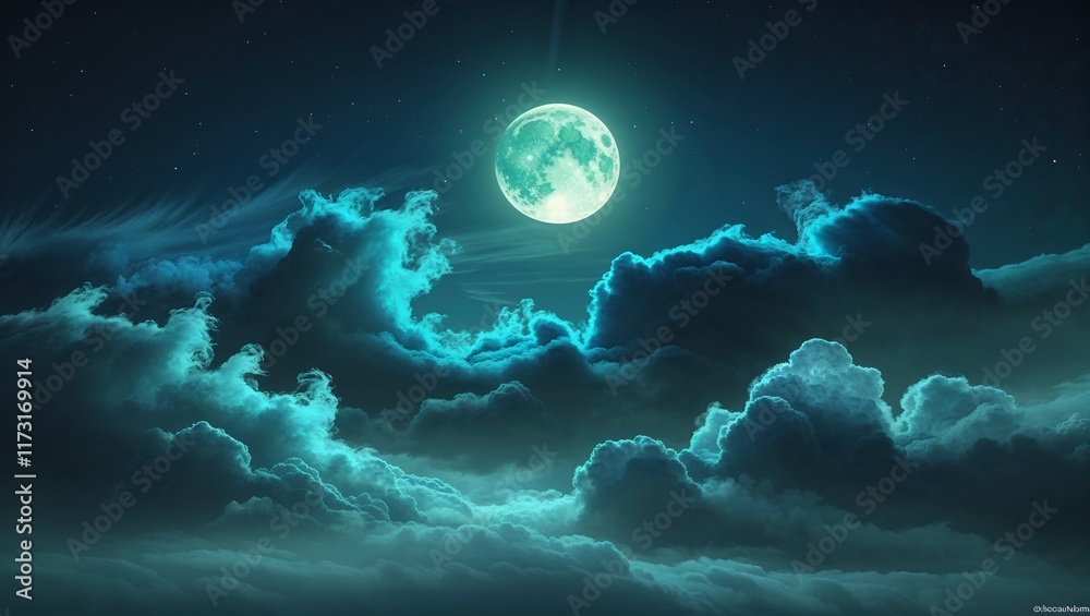 Fototapeta premium A Dramatic and Richly Toned Night Sky with Deep Blues and Vibrant Stars, Highlighted by a Stunning Full Moon and Wispy Clouds, Creating a Breathtaking Celestial View