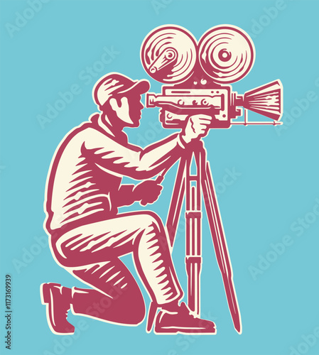 Professional videographer operating retro video camera. Television, cinema concept. Vector illustration
