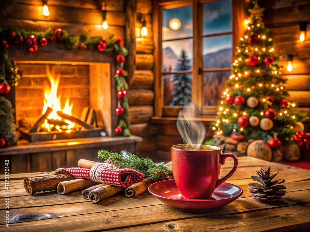 Cozy Christmas Hot Chocolate by Fireplace in Rustic Cabin Cozy Christmas Hot Chocolate by Fireplace in Rustic Cabin