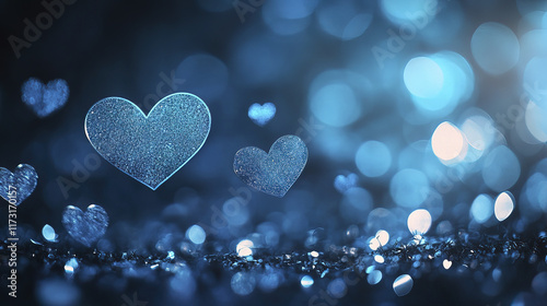 Glittering hearts in luminous blue background create dreamy atmosphere