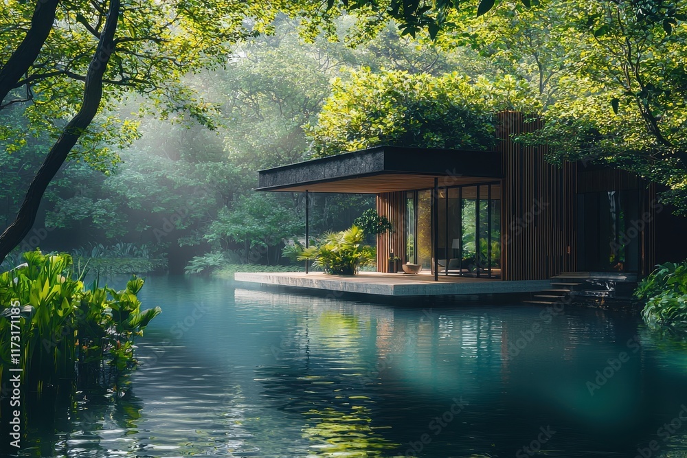 Fototapeta premium Modern house surrounded by lush greenery near tranquil water during golden hour captures serene natural beauty and architectural elegance. Generative AI