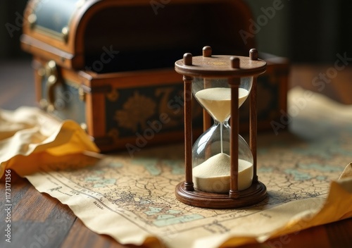 Antique hourglass on an old map with a treasure chest in a dimly lit space photo