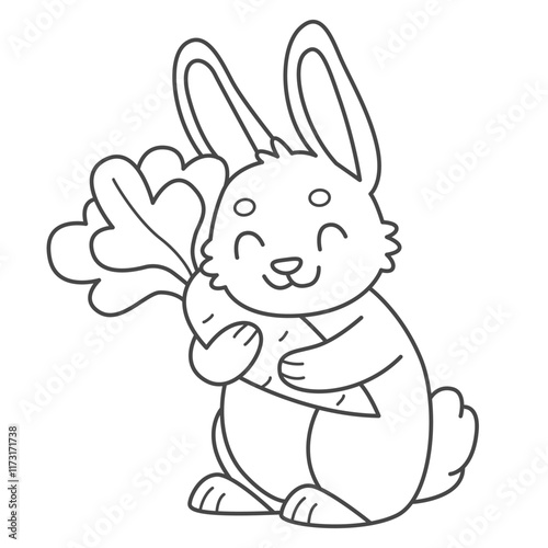 Cute rabbit with carrot coloring book for kids. Coloring page with bunny. Monochrome black and white illustration. Vector children's illustration.
