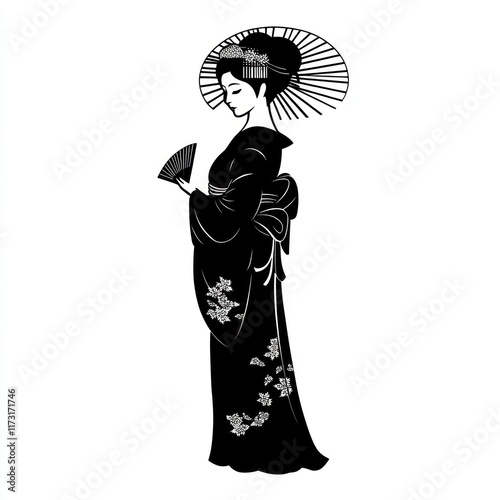 Elegant Japanese Woman In Kimono Holding Fan