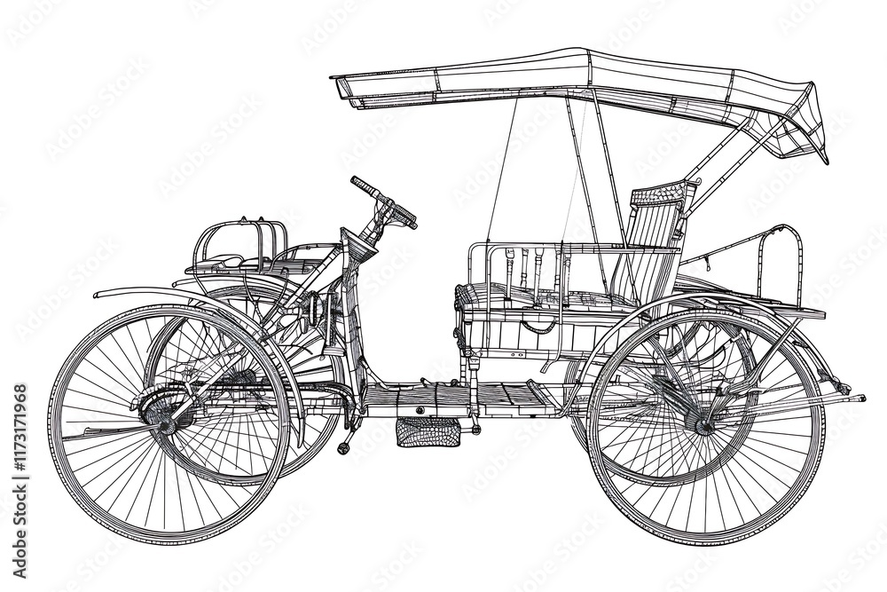 Fototapeta premium Outline of a rickshaw with passenger seat on a white background