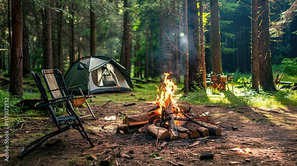 Campfire in the Woods with a Tent Campfire in the Woods with a Tent