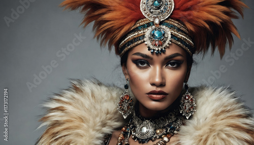 Beautiful model showcases vibrant tribal-inspired fashion with dramatic accessories and elaborate headdress