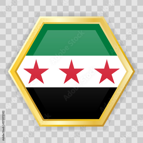 Gold hexagon badge with the Syrian flag on it. Gold badge with shadow underneath