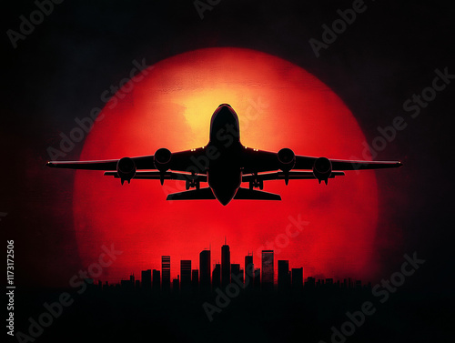 Flughafenblick bei Sonnenuntergang: Flugzeug landet über Skyline

 photo