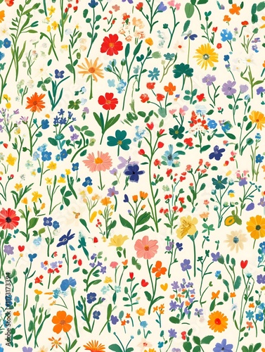 Spring meadow floral pattern with scattered dandelions, clovers, and wildflowers, bright and cheerful