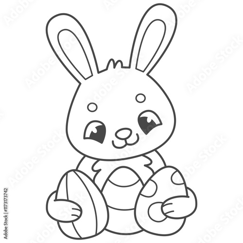 Cute rabbit with Easter eggs coloring book for kids. Coloring page with Easter bunny. Monochrome black and white illustration. Vector children's illustration.