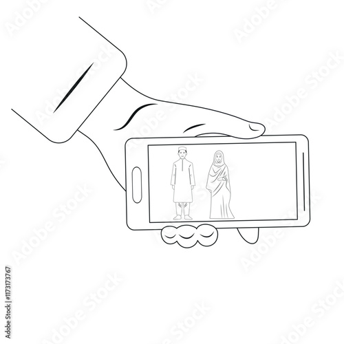Video call on the phone. Arab man and woman. Color illustration.
