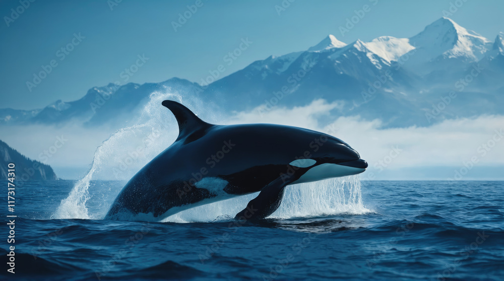 Fototapeta premium Orca breaching in front of majestic mountains during a bright day in a coastal environment