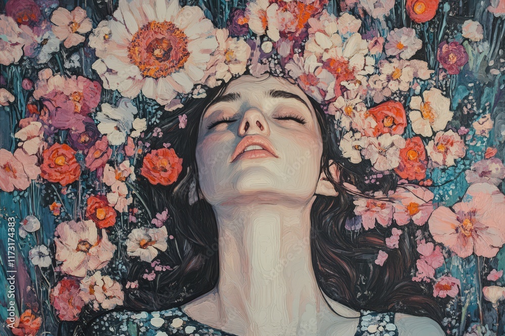 Fototapeta premium Woman Serenely Surrounded By Vibrant Blossoms