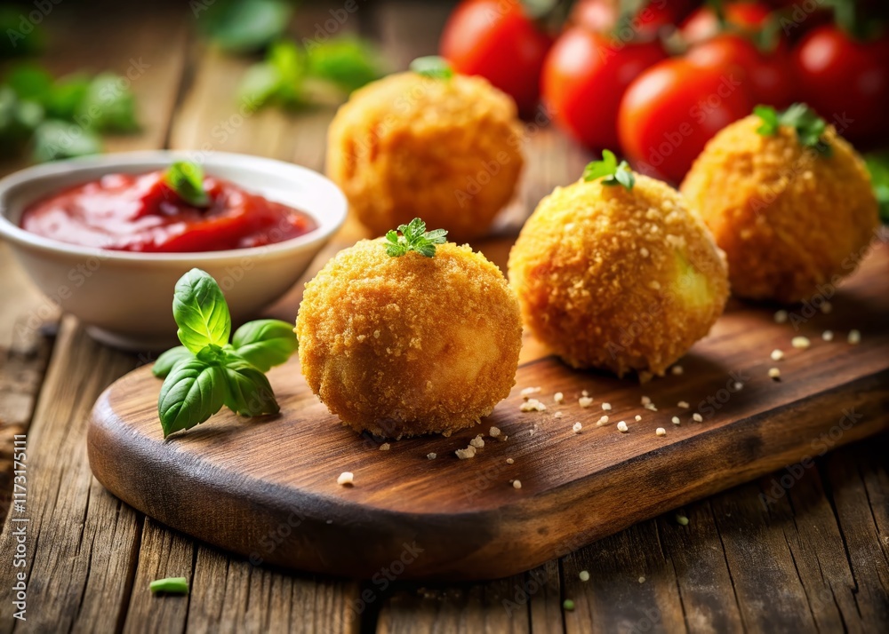 Crispy Fried Arancini with Rich Marinara Sauce - Tilt-Shift Photography Crispy Fried Arancini with Rich Marinara Sauce - Tilt-Shift Photography