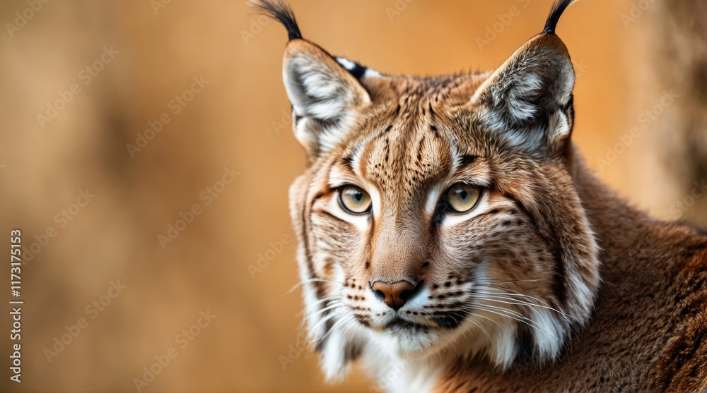 Obraz premium Beautiful lynx resting in a natural habitat with soft brown background and attentive expression at sunset