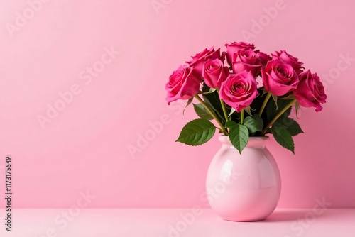 A bouquet of bright pink roses in a minimalist pink vase on a plain pink surface, pink roses, contemporary, roses
