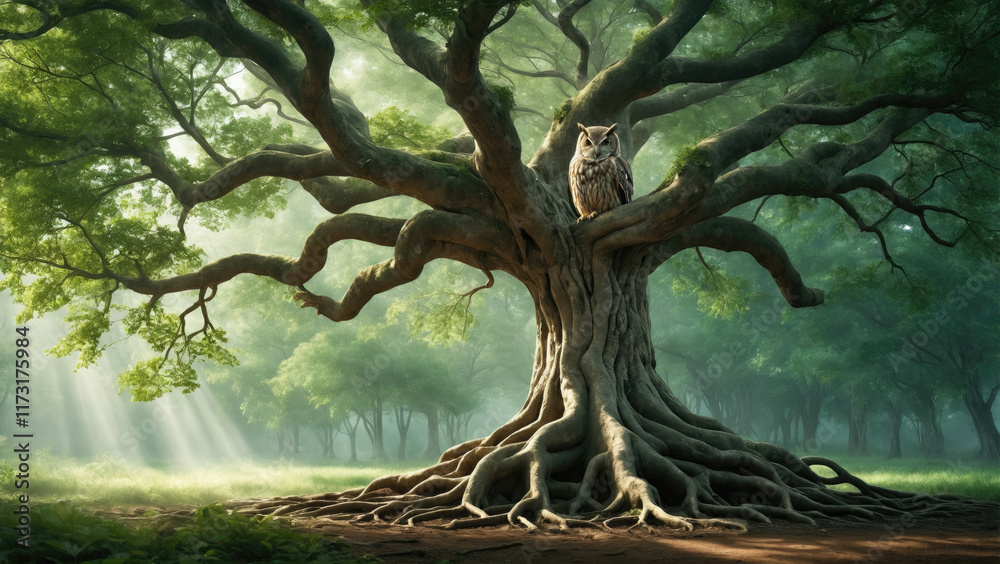 Majestic owl perched on an ancient tree surrounded by sunlight filtering through lush foliage Majestic owl perched on an ancient tree surrounded by sunlight filtering through lush foliage