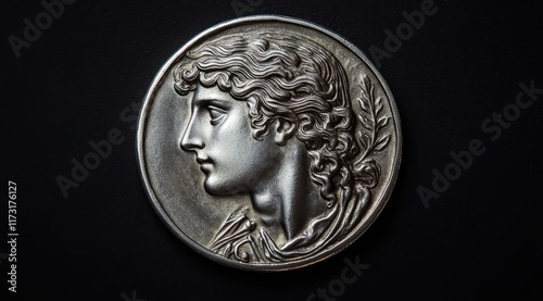 A silver coin of ancient Greece with the profile portrait on one side and an illustration representing Ganymede on the other, the face is in frontal view and looking directly at the camera