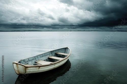 Wallpaper Mural Tranquil Wooden Rowboat on a Calm Lake Under a Stormy Sky Torontodigital.ca