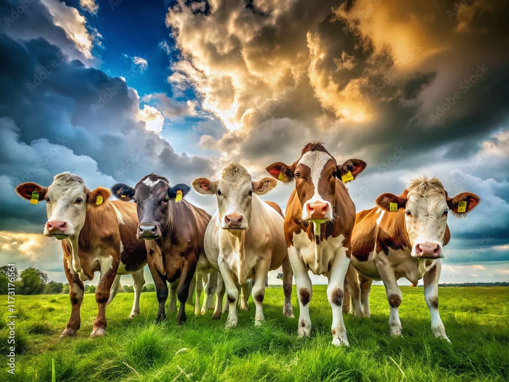 Curious Cows in Pasture: Playful Cattle Lineup Under Cloudy Sky Curious Cows in Pasture: Playful Cattle Lineup Under Cloudy Sky